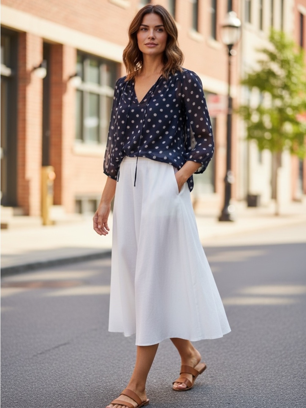 Pleione Navy Sheer Polka-Dot V-Neck Blouse XS